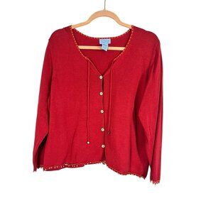 Retro Beaded Cardigan Red XL Festive Hippie Boho Western Indie Folk Chic Artsy